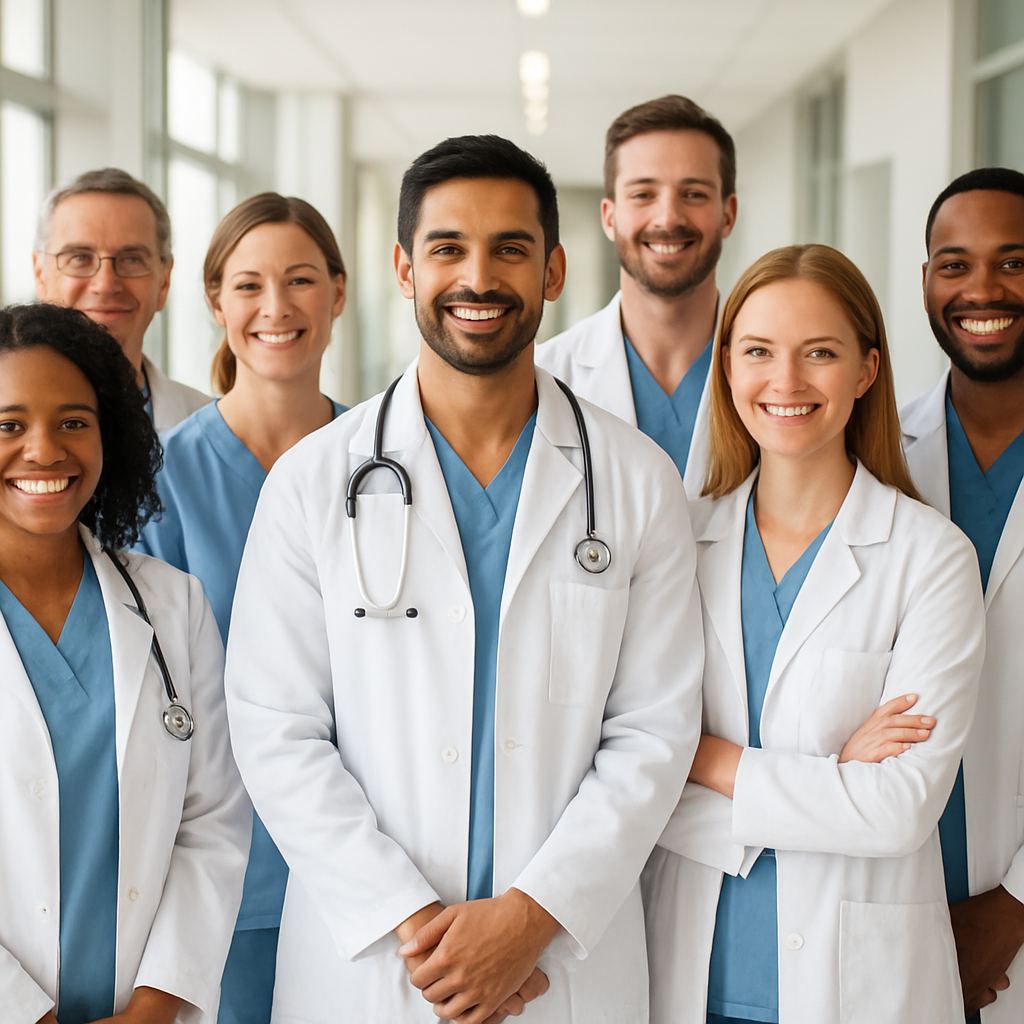 Grupo de médicos felices y capacitados tras completar su educación médica continua