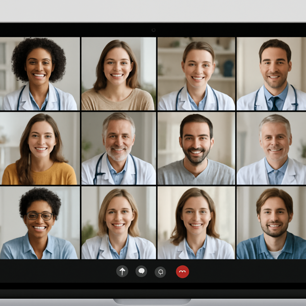 Médicos y personas conectados en una videollamada
